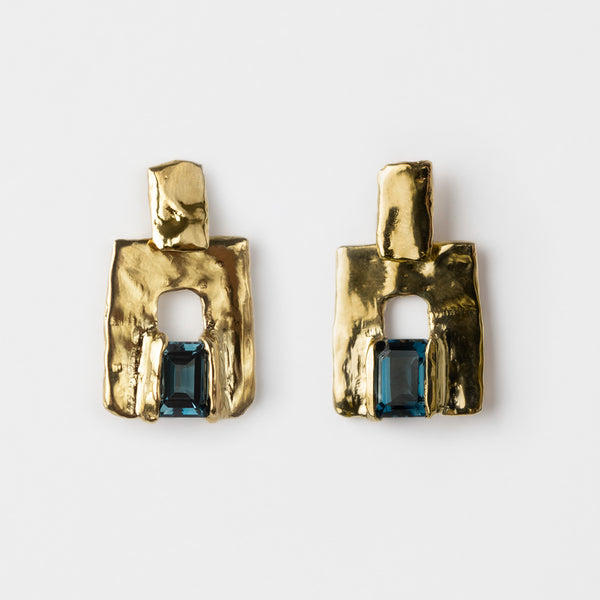 Golden Squares Earrings with London Blue Topaz