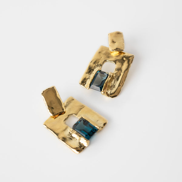 Golden Squares Earrings with London Blue Topaz