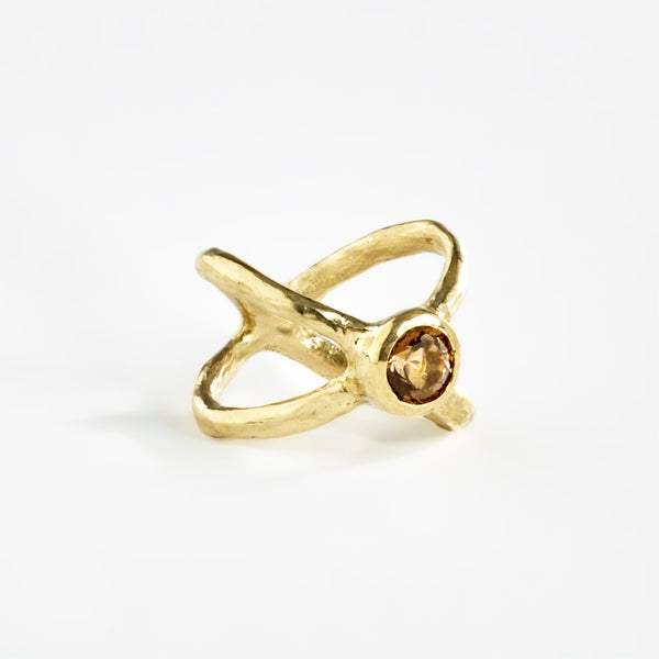 Crossed paths brown tourmaline gold ring