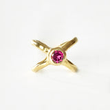 Crossed paths pink tourmaline gold ring