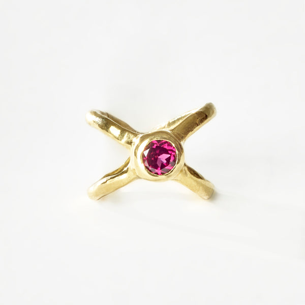 Crossed paths pink tourmaline gold ring