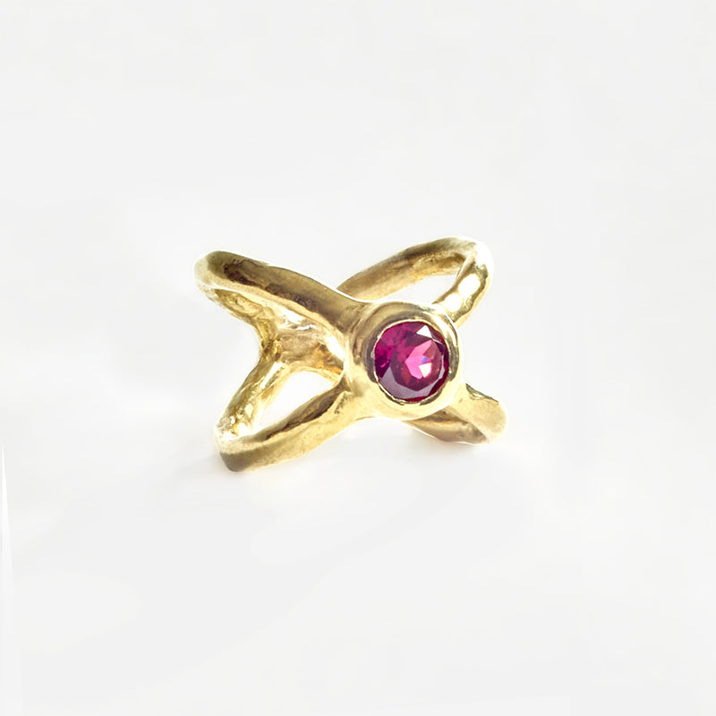Crossed paths pink tourmaline gold ring