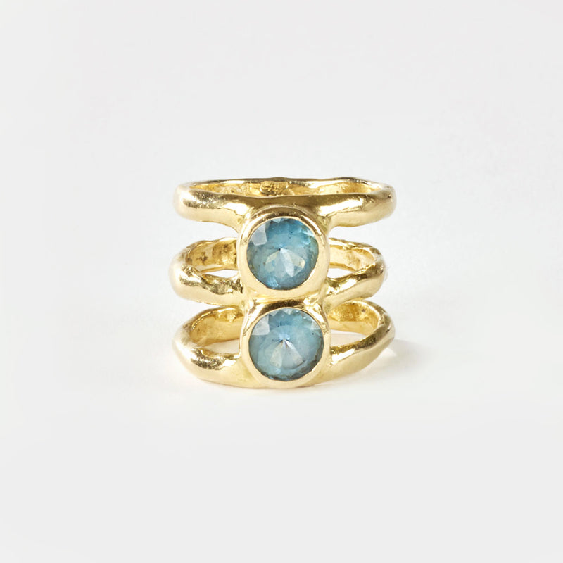 Glorious double aquamarines gold ring