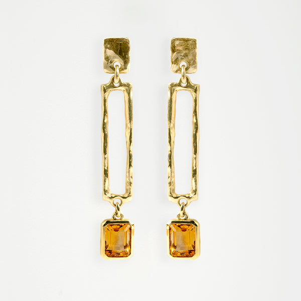Triple square citrines gold earrings